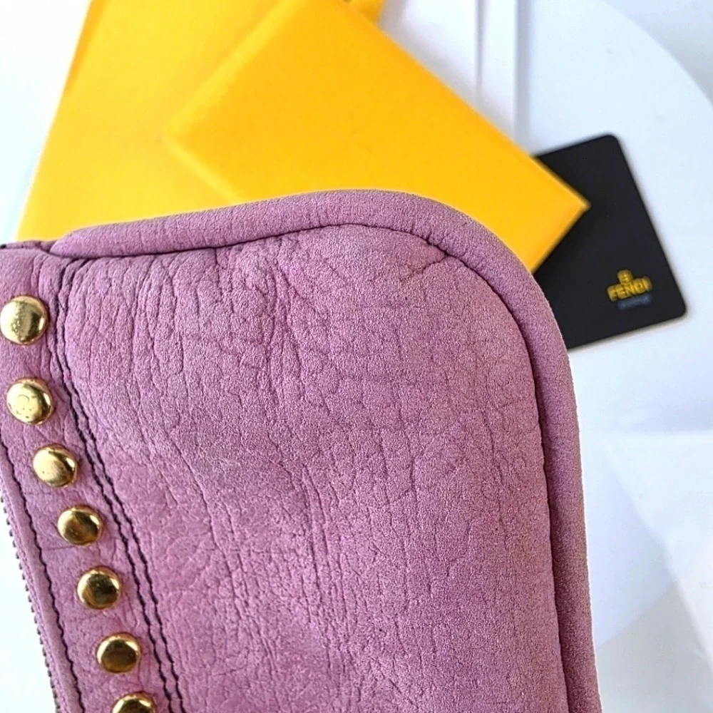 Fendi Coin Purse Pouch OS Pink Excellent Studded Leather Key Cles Gold Hardware